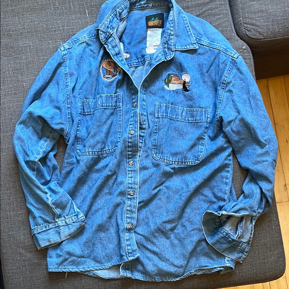 Blue Denim Button-Up Shirt with Embroidery